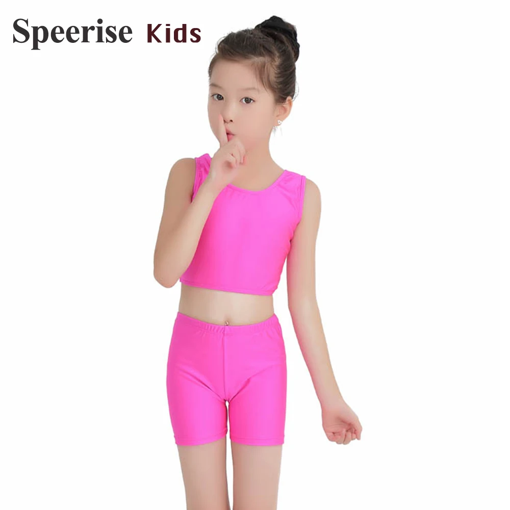 Body da balletto per bambini Abbigliamento da palestra Body da ballo in due pezzi per ragazza Gilet da ginnastica in spandex con pantaloncini coordinati