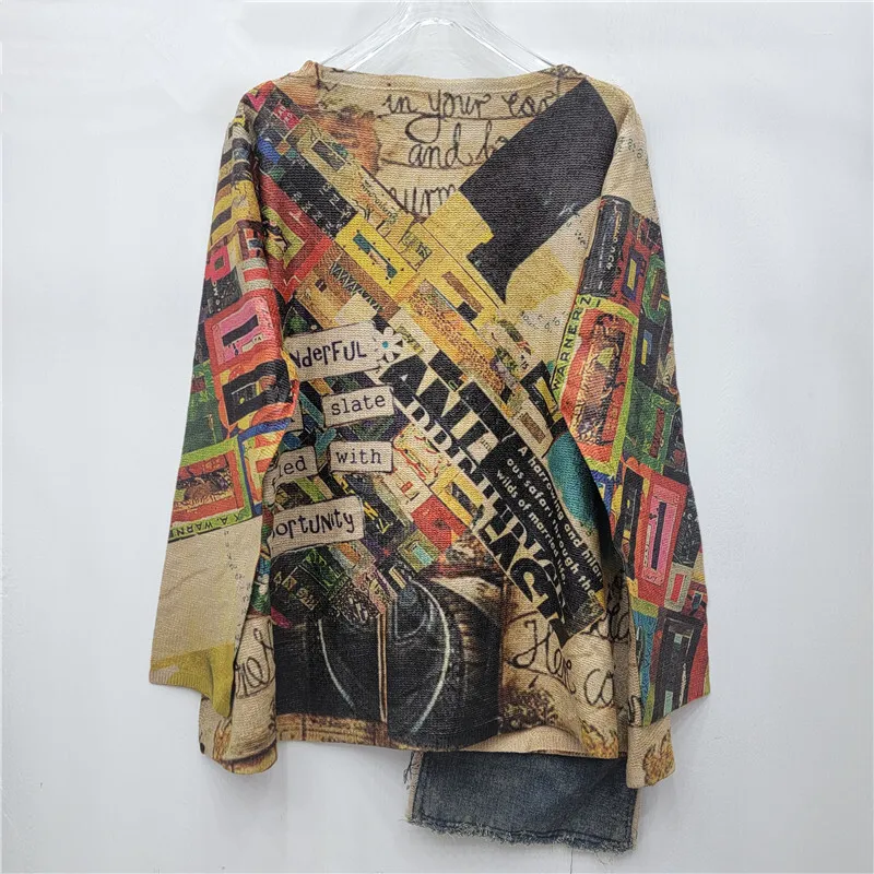 ANJY 2025 Autumn New Women Trend Personalized Letter Print Fashion Pullover Knitted Patchwork Irregular Denim Street Tees A16285