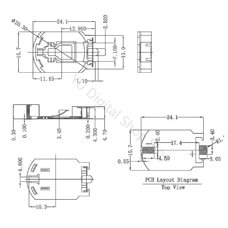 96BA 20 Stück 3V CR2032 horizontaler SMD-Münzknopfbatteriehalter, brauner Behälter – Detail 2
