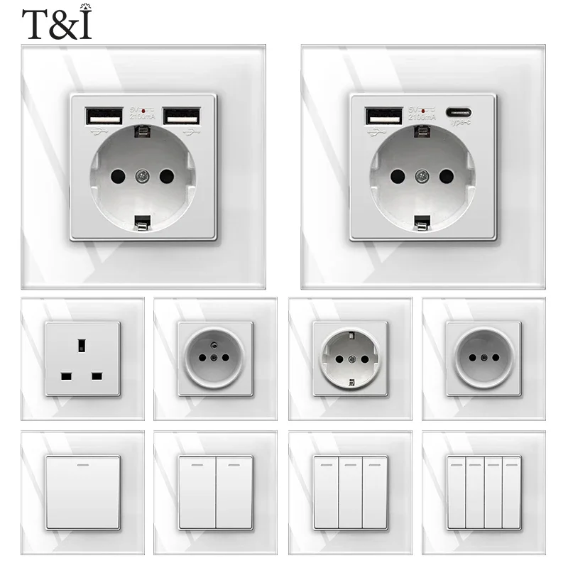 Wall Plate Outlet EU RU Russian Socket and Switch Multi Power Outlet Dual USB Type-C White Glass Panel 86mm x 86mm / 146 x 86