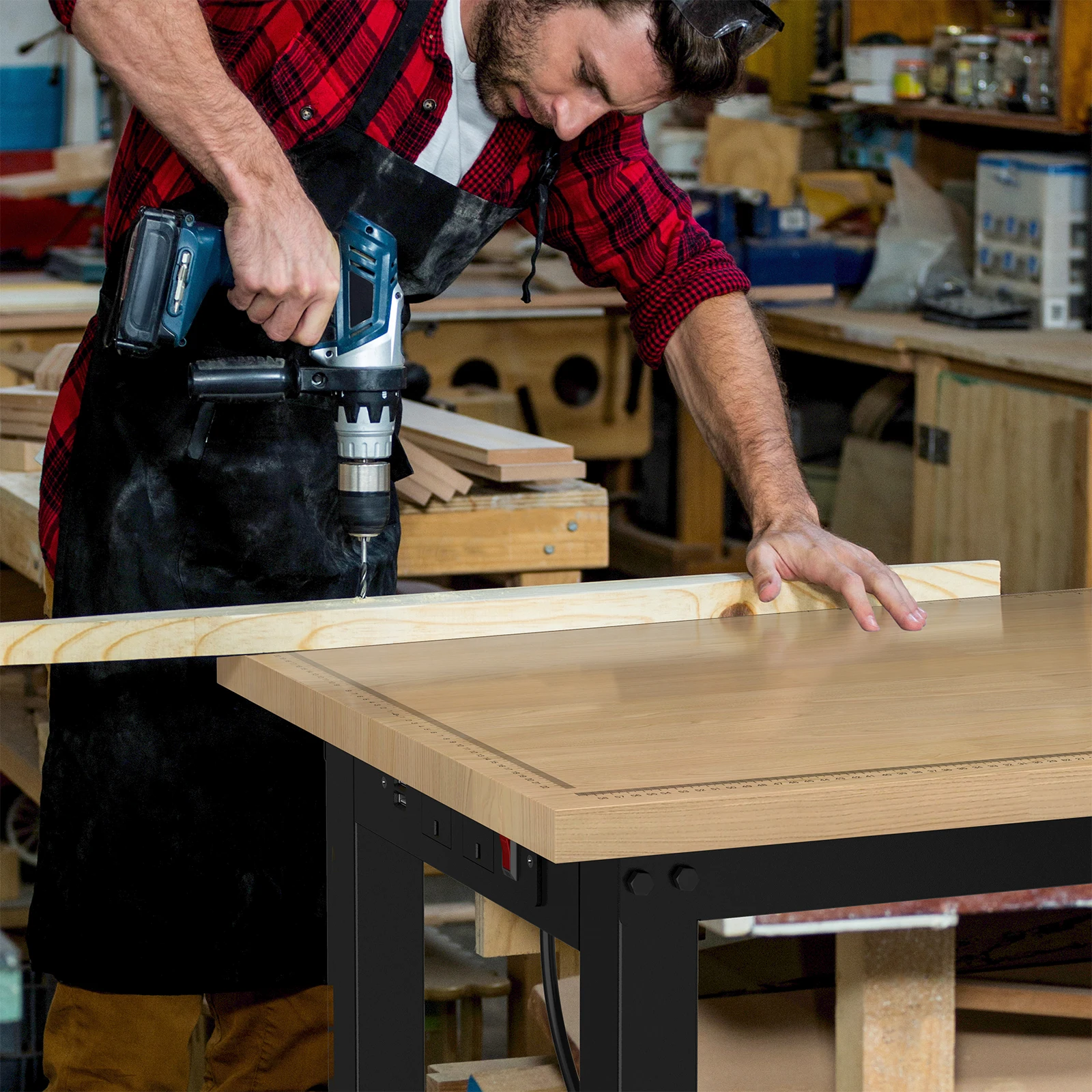 48" Adjustable Workbench with Wheels,Heavy-Duty Rubber Wood Worktable with Power Outlets & Precision Scales & Foot Pads