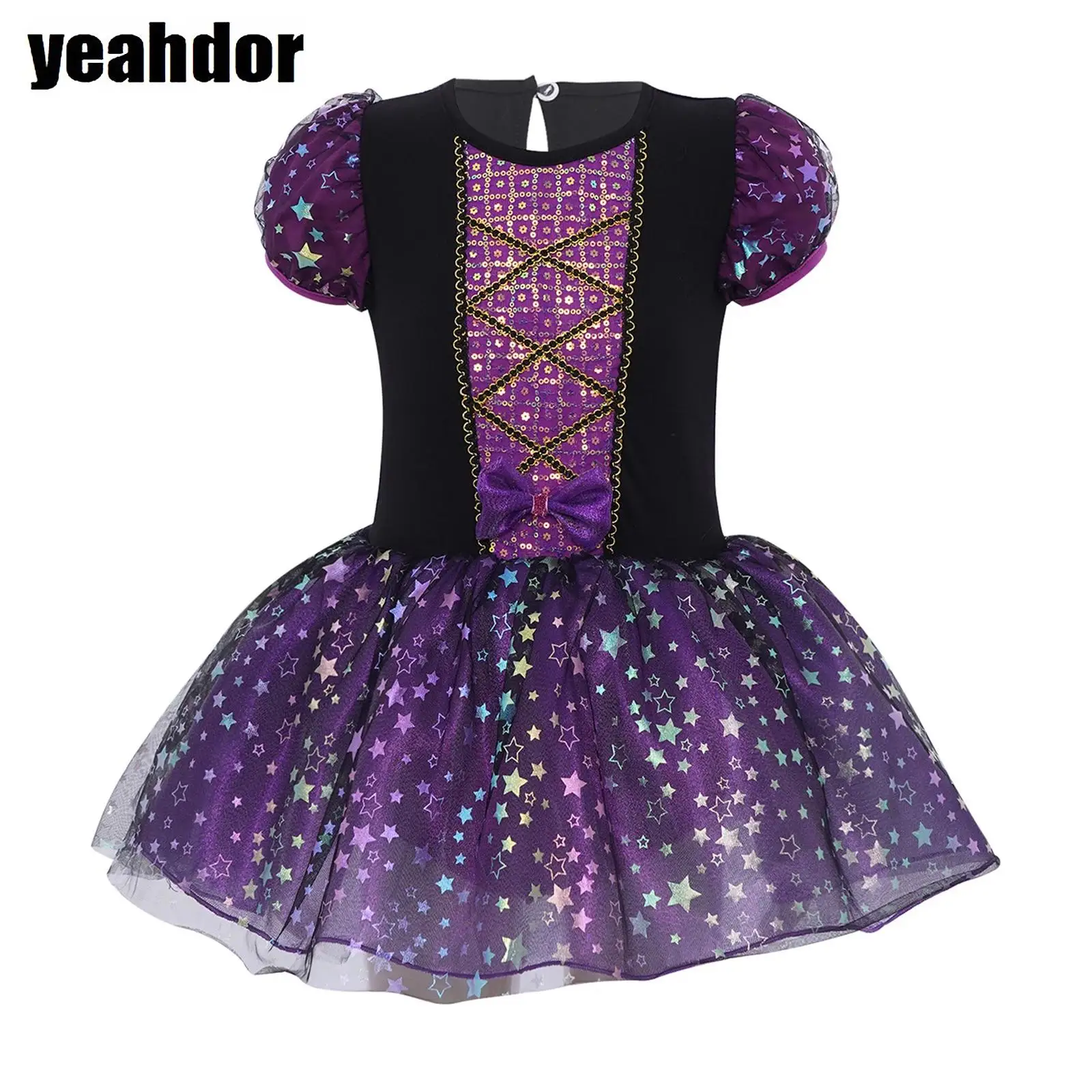 

Girls Ballet Dance Dress Short Puff Sleeves Sequin Tulle Tutu Dress Fancy Wonderland Princess Dress Halloween Fairy Tale Costume