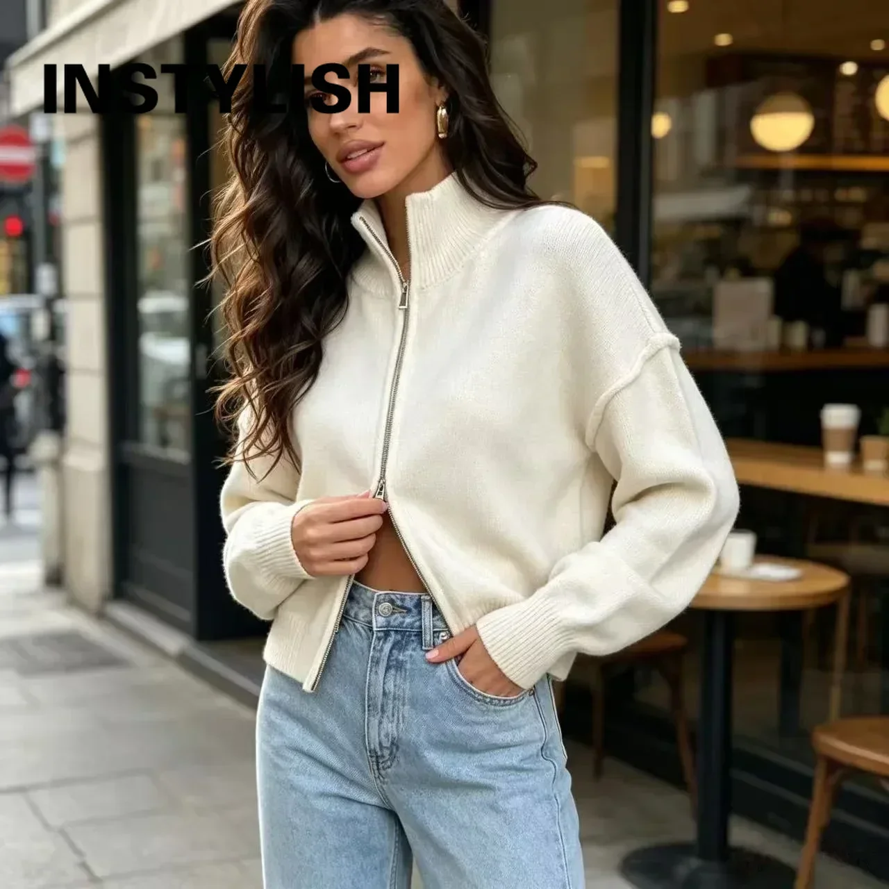 Women Stand Collar Zip Up Knit Cardigan Long Sleeve Cropped Sweater Solid Loose Knitted Jacket Casual Fall Winter Outerwear