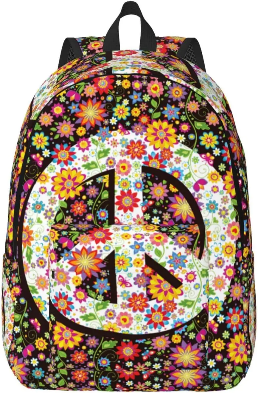 

Hippie Flower Elegant Peace Backpack for Girls Boys Women Lightweight Canvas Bookbag Casual Daypack for Travel Outdoor