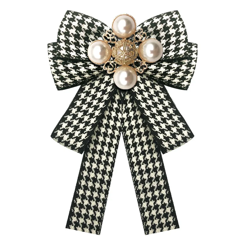 

Classical Plaid Striped Printed Bow Brooch Canvas Pearls Bow Tie Corsage Collar Brooches for Women Shirt Collar Clothes Jewelry