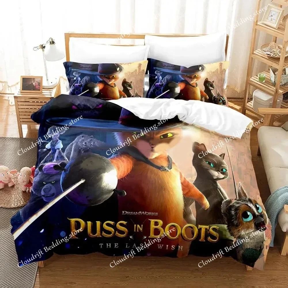 

Комплект постельного белья с мультяшным котом PUSS BOOTS: пододеяльник, наволочки, одеяло, размеры King/Queen, для мальчиков и взрослых, набор 02