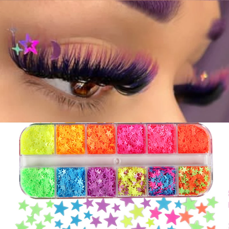 12 Grids Mix Farbe Fluoreszenz Wimpern Dekoration Nagel Kunst Scheiben Glitter Bunte Falsche Lash Pailletten Nagel Kunst Zubehör