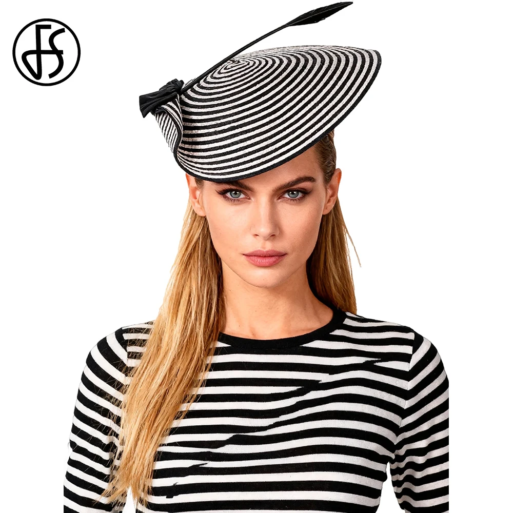 FS Vintage Black White Striped Fascinator Hat Stylish Tea Party Hats For Women Ladies Luxury Wedding Headwear Chapeau Femme