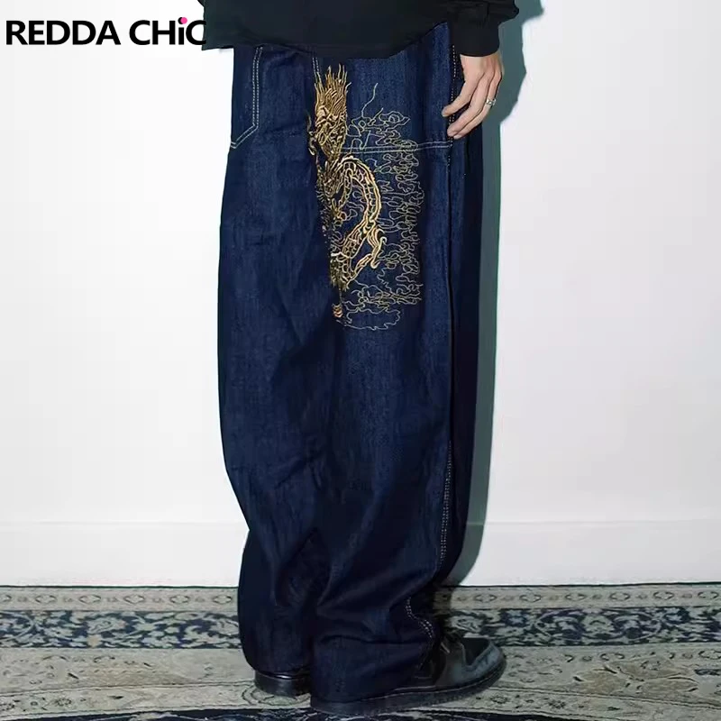 

REDDACHIC Men's Dragon Embroidery Baggy Jeans 90s Skater Hiphop High Waist Loose Casual Wide Leg Pants Y2k Vintage Streetwear