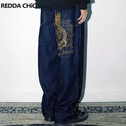 REDDACHIC-Jean Baggy Brodé Dragon pour Homme, Taille Haute, Pantalon Décontracté à Jambes Larges, Streetwear Vintage Y2k, Hip Hop des Années 90