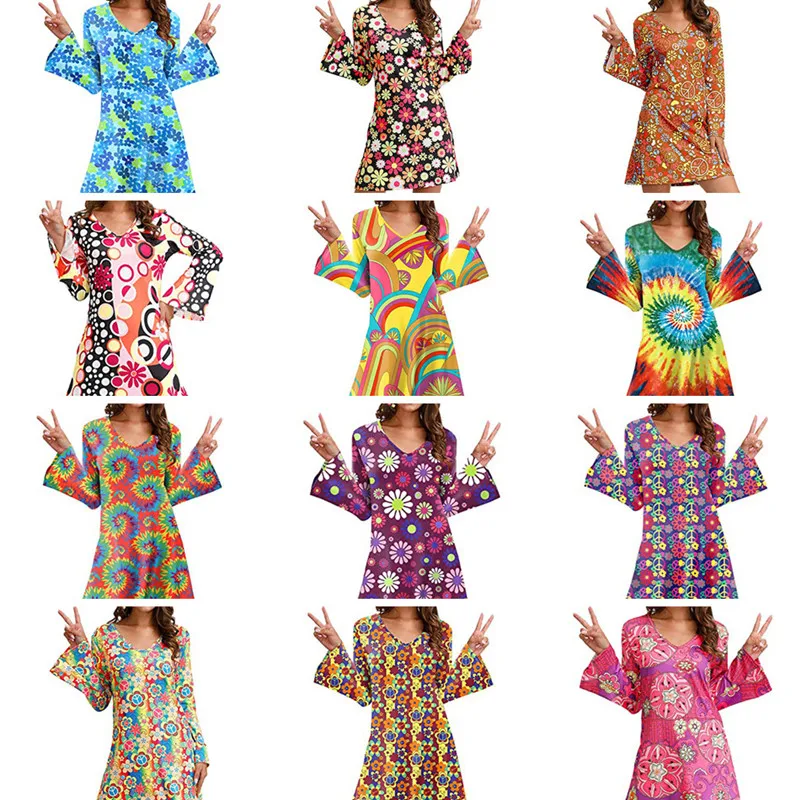 

Womens 70s Disco Costumes Outfit Party Dance Costume Printed Dress for Halloween Party