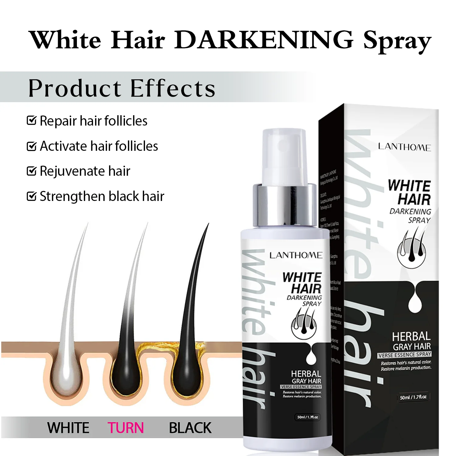 Herbal White Hair Darkening Spray Black Hair Regrowth Repair Dry Frizzy Damaged Men Women Gray Removal Serum Care Lanthome