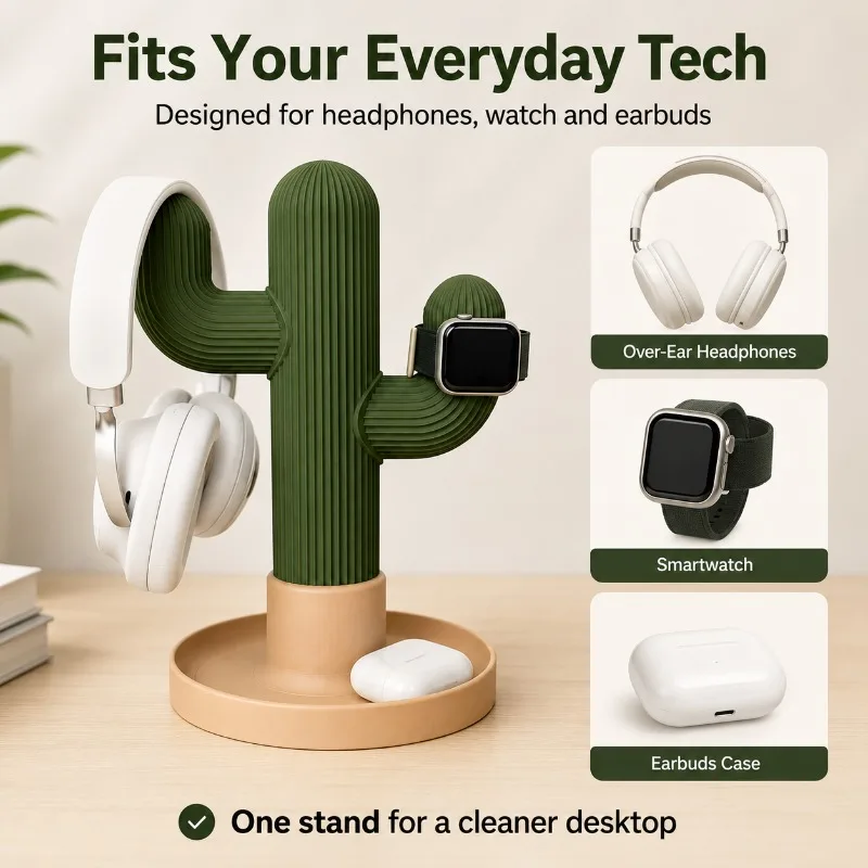 Minimalist Cactus Headset Stand Multi Use Desktop Organizer for Headphones Watch Earbuds Student Dorm Bedroom Office Storage view 2