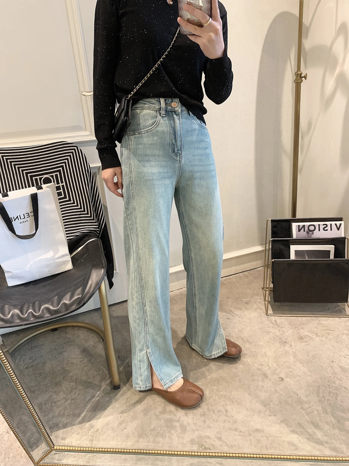 

Джинсы женские прямые с высокой талией, весна-осень, новые, винтажные, широкие, в пол, цвет синий (Memory Blue)