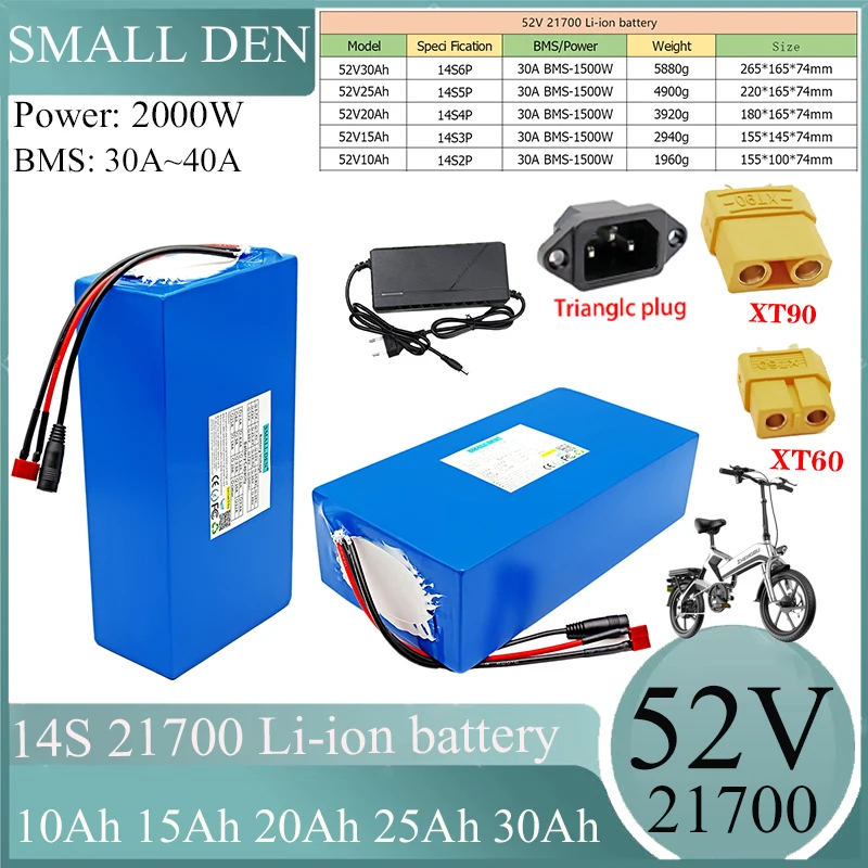

НОВЫЙ литиевый аккумуляторный блок 52В 15Ач 10Ач 20Ач 25Ач 30Ач 21700 14S2P-6P 0-2000Вт, высокомощный аккумулятор с BMS+2 зарядных устройствами