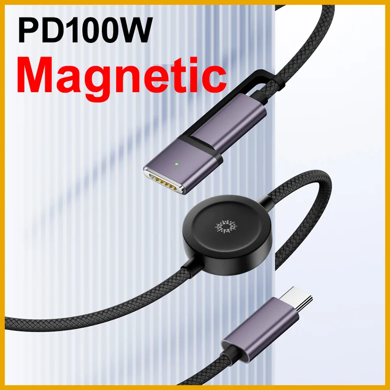 NEW 2026 Magnetic 150cm USB Type-C 3.1 3 in 1 Data Cable for Magsafe 3 PD 100W Charging Cable 480Mbps Data Cord for  Watch Lapto