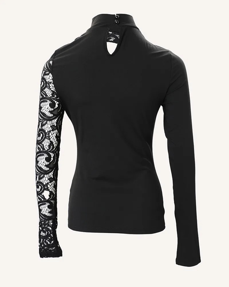 Sexy Tee Contrast Lace Cutout Long Sleeve Top Fashion Woman Shirt 2024 Autumn Winter Spring Blouses Female Clothing Outfits