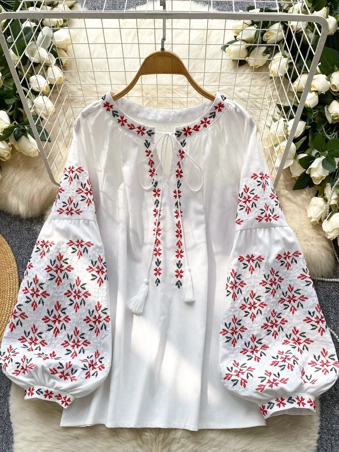 

Spring Summer New Retro Lantern Sleeve Women Shirts Loose Thin Tassel Heavy Embroidery Design Female Top