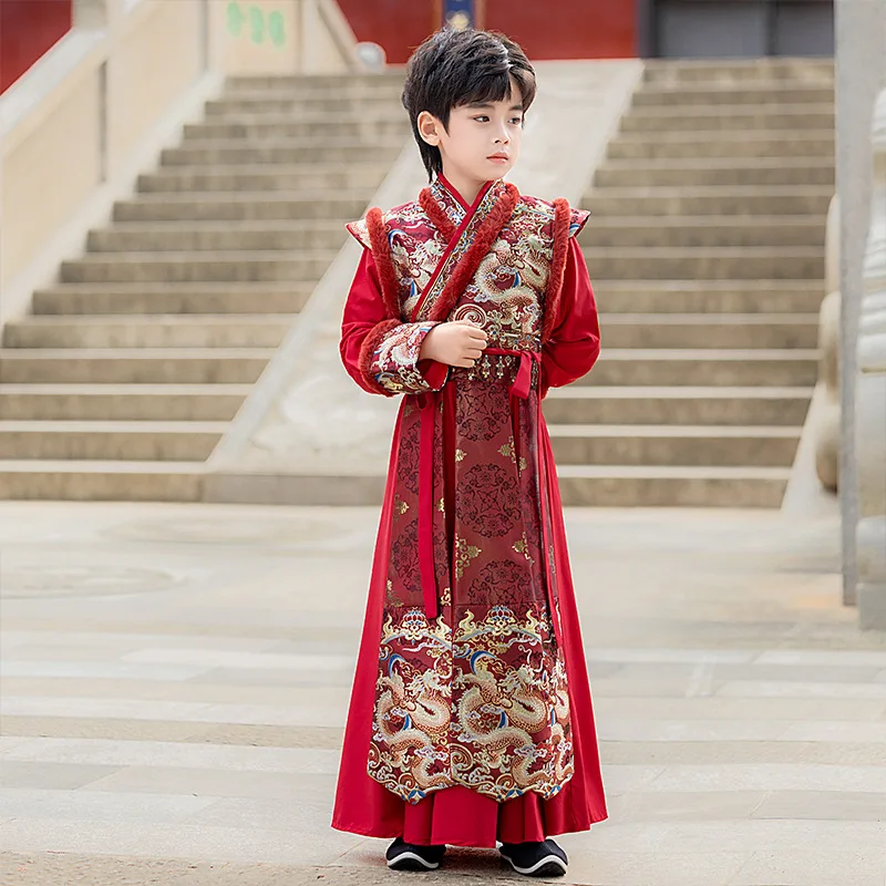 Boys' Hanfu 2024 Winter New High end Original Tang Dynasty Costume Thick Boys' Handsome New Year's Clothing