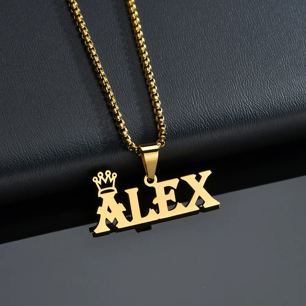 

New Personalized Thick Chain With Crown Names Pendant Hook Necklaces Bold Stainless Steel Custom Big Letter Necklace Jewelry