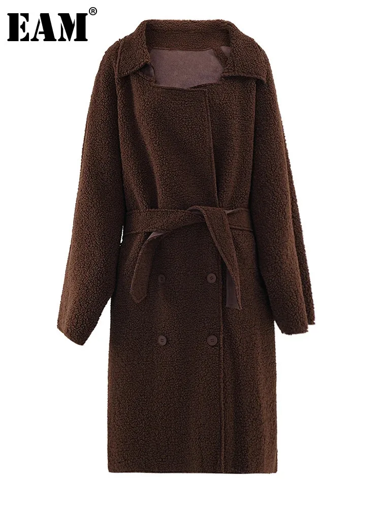 

[EAM] Brown Lambswool Big Size Thick Long Jacket New Lapel Long Sleeve Women Coat Fashion Tide Autumn Winter 2024 CPG2289