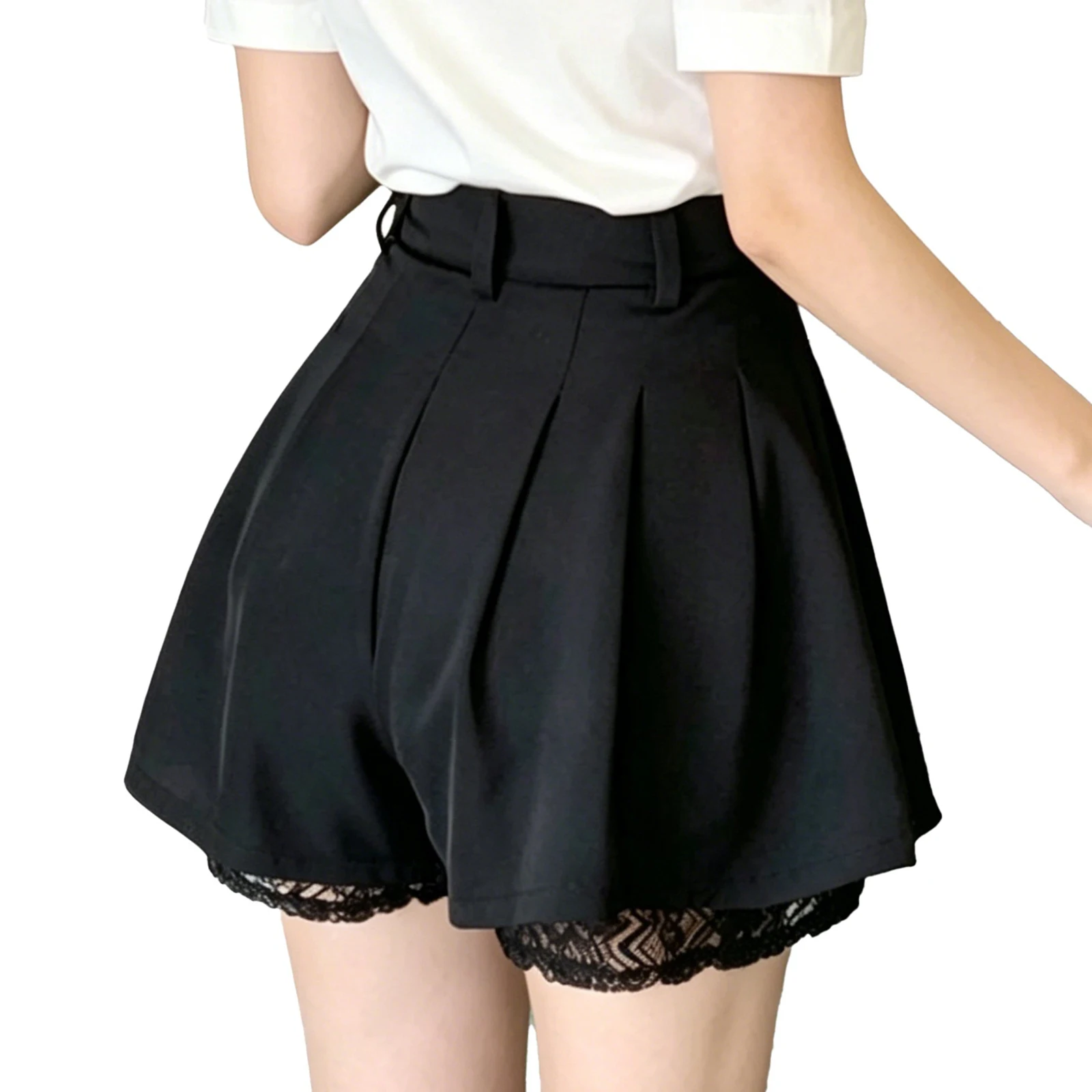 

Women Solid Color Floral Lace Trim Culottes High Waist Pleated Wide Legs Dressy Shorts Short Trousers Daily Casual Streetwear
