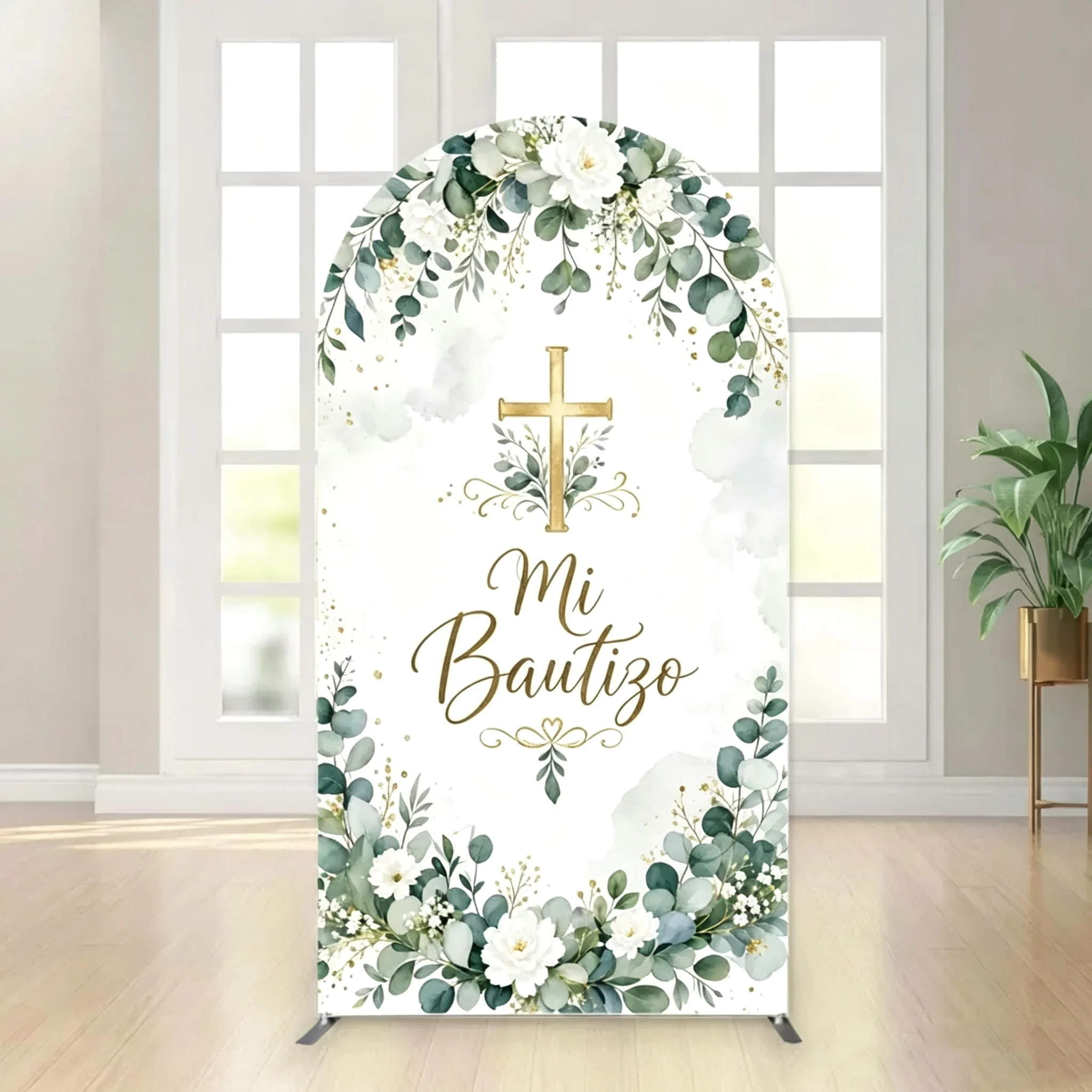 Mi Bautizo Party Banner Backdrop Custom 2-sided Greenery Gold Baptism Decor White Flowers First Communion Arch Background Cover