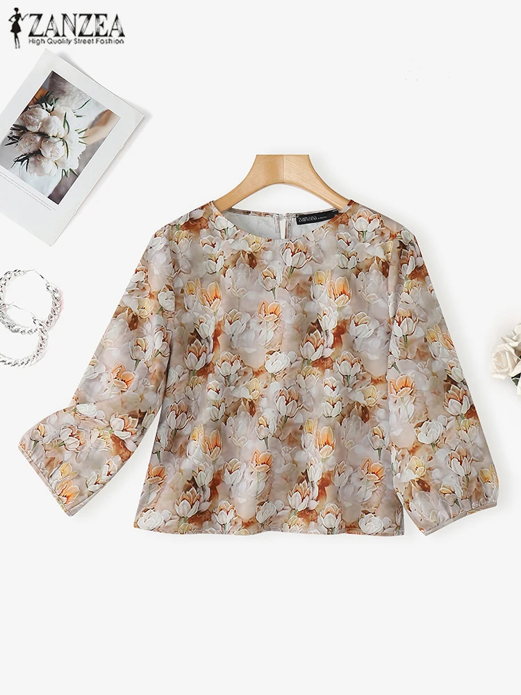 

ZANZEA Pinted Blouse Women Casual OL Work Tops 2025 Vintage Blusas Fashion 3/4 Sleeve O Neck Tunics Ovesized Loose Pullover