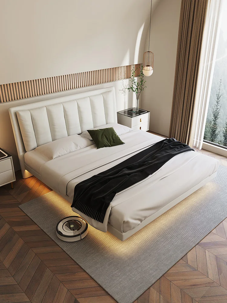 

Light Luxury Genuine Leather Bed Master Bedding High end Soft Bag Bed Modern Simple Hanging Bed Frame Double Bed
