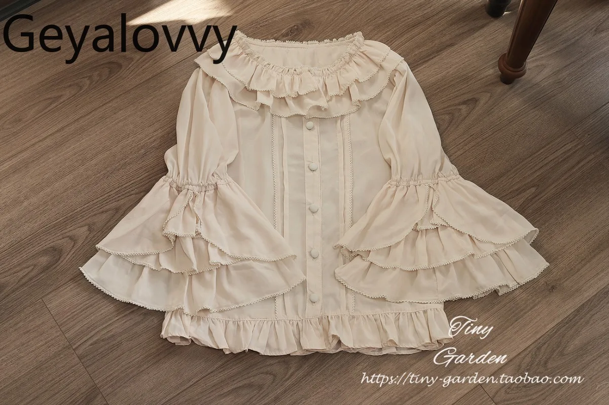 Wiosenno-letnia uniwersalna koszula z koronką, okrągłym dekoltem, w jednolitym kolorze, w stylu japońskiej Lolity, słodka dziewczęca bluzka OP z rozszerzanymi rękawami do połowy, zapinana na guziki.