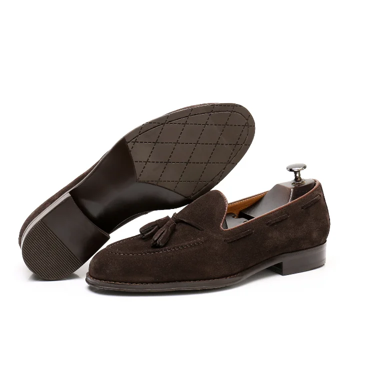 Coffee Brown Cow Suede Tassel Men Loafers Casual Moccasin Genuine Leather Shoes Fringed Party Dress Shoes Man Zapatos Hombre