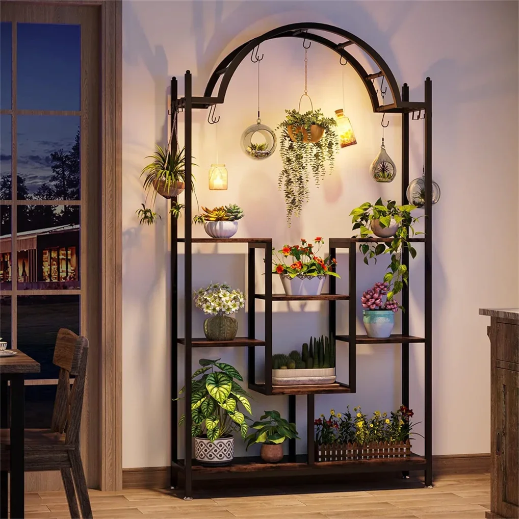 

Arched Metal Flower Stand with Hooks, Oversized Plant Stand, Indoor Multi-Purpose Flower Pot Basin Balcony Display Stand