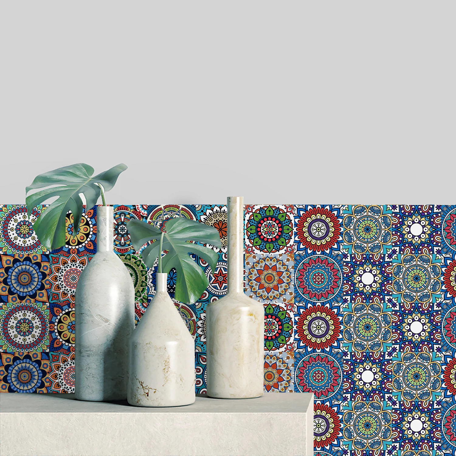 Colorful Mandala Ceramic Tile Wall Sticker Kitchen Backsplash Cabinet Waistline Skirting Strip Peel & Stick Art Wall Decals