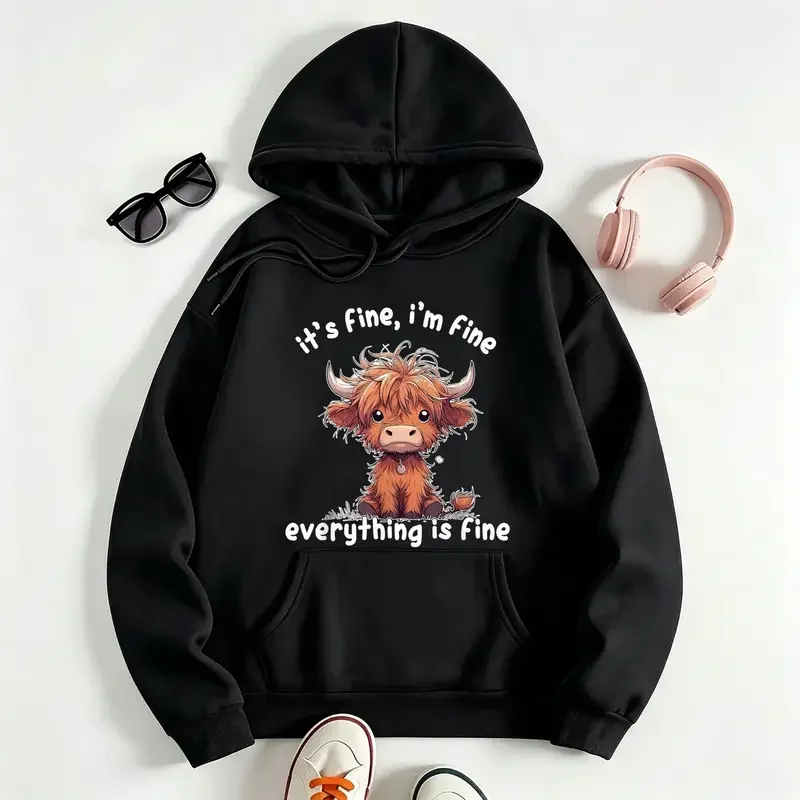 Cotton It's Fine I'm Fine Everything Is Fine Cute Highland Cow T-Shirt, 100% Cotton