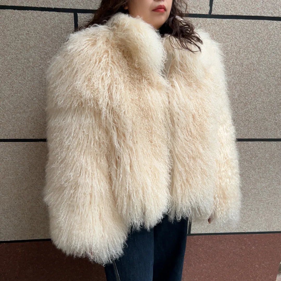 HUAQIUMEISI Women's Real Mongolian Fur Coat Winter Fashion Mongolia Sheepskin Coat Trend Curly