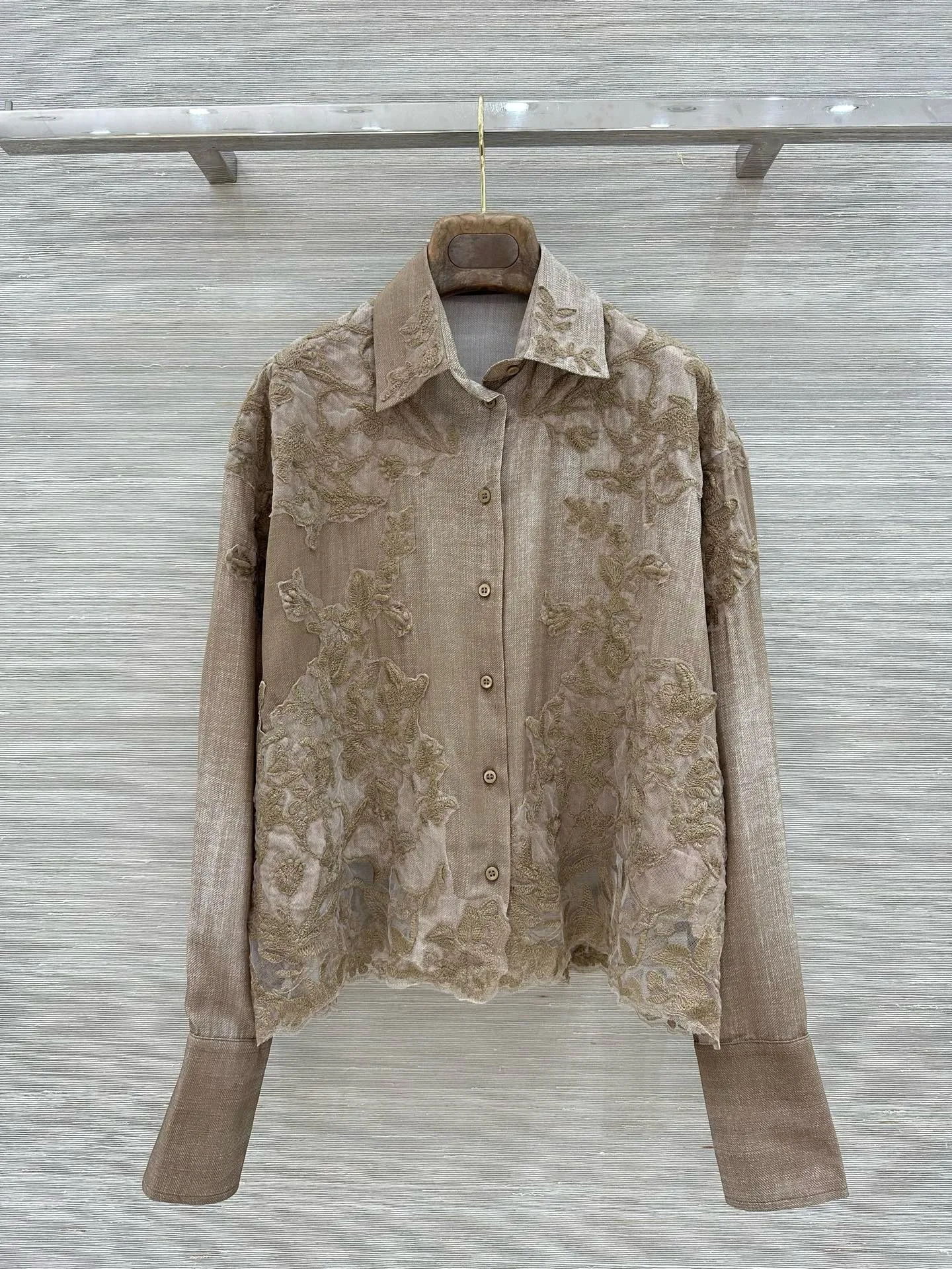 Retro Washed Taupe Floral Applique Lace Blouse, Point Collar Single Breasted Cropped Oversized Long Sleeve Shirt for Ladies