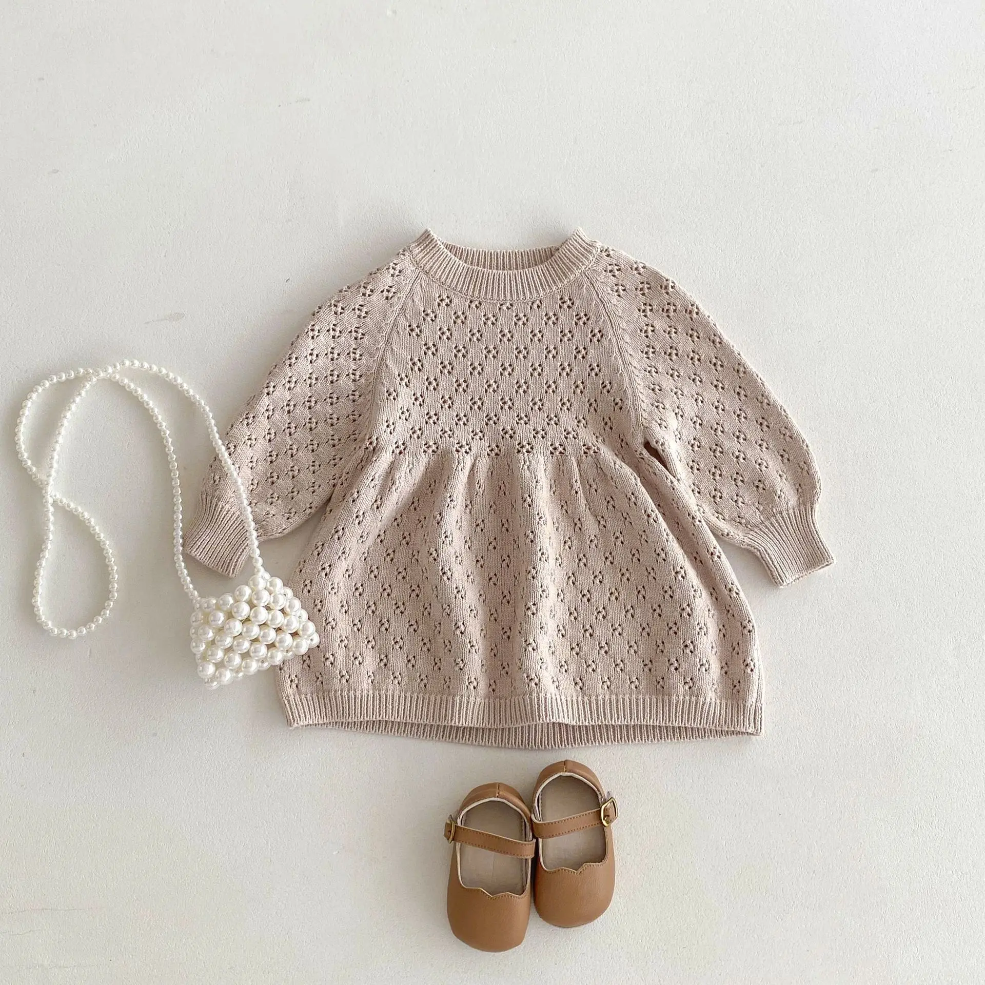 

Autumn New Children Long Sleeve Dress Solid Baby Girls Vintage Hollow Out Knitted Dress Toddler Loose Casual Dress Kids Clothes