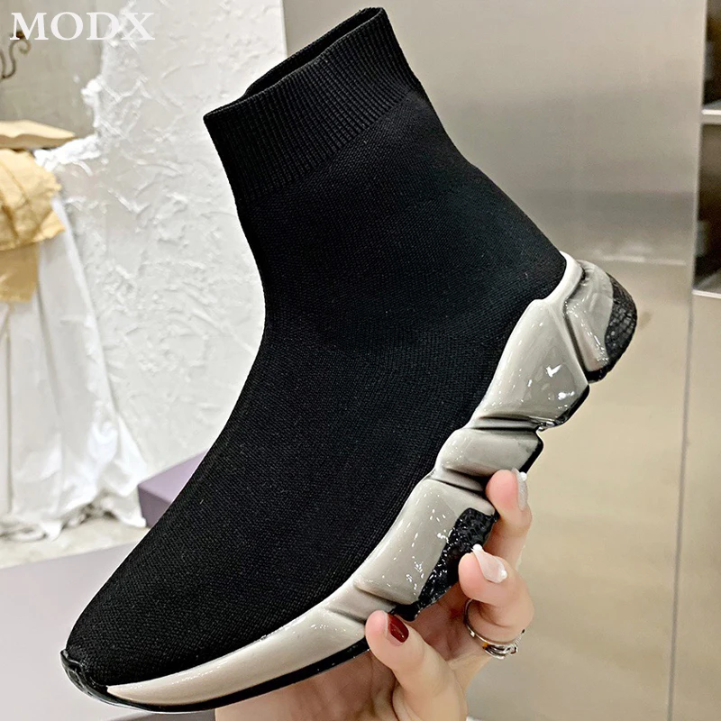 Stretch Fabric High-top Sock Shoes Men New Thick Sole Platform All-match Sneakers Women Slim Slip-on Brand Flats Sports Shoes