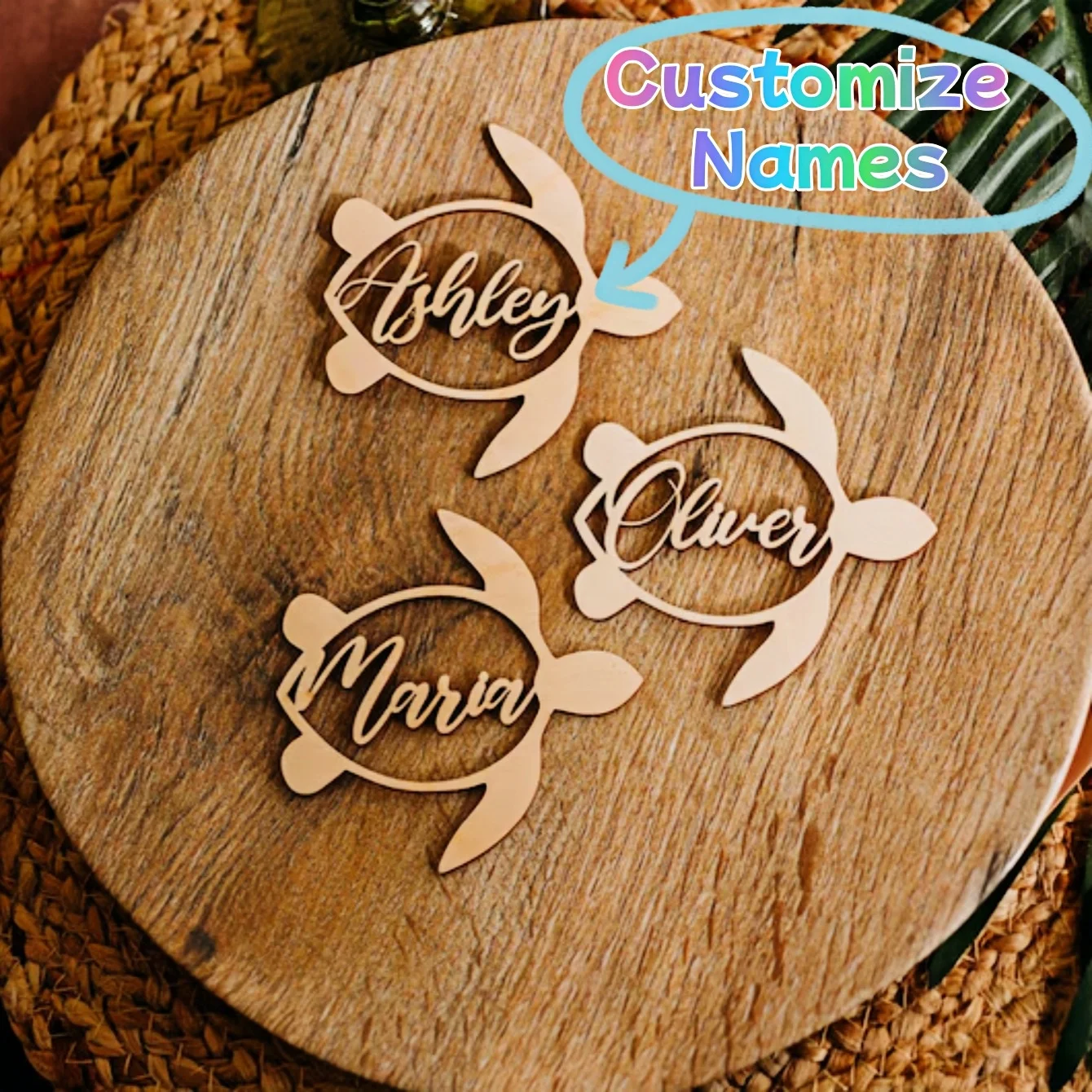Tarjetas de nombre de boda tropical, etiquetas de lugar de tortuga, etiqueta de mesa de playa personalizada, decoración de fiesta de cumpleaños, tarjetas de lugar