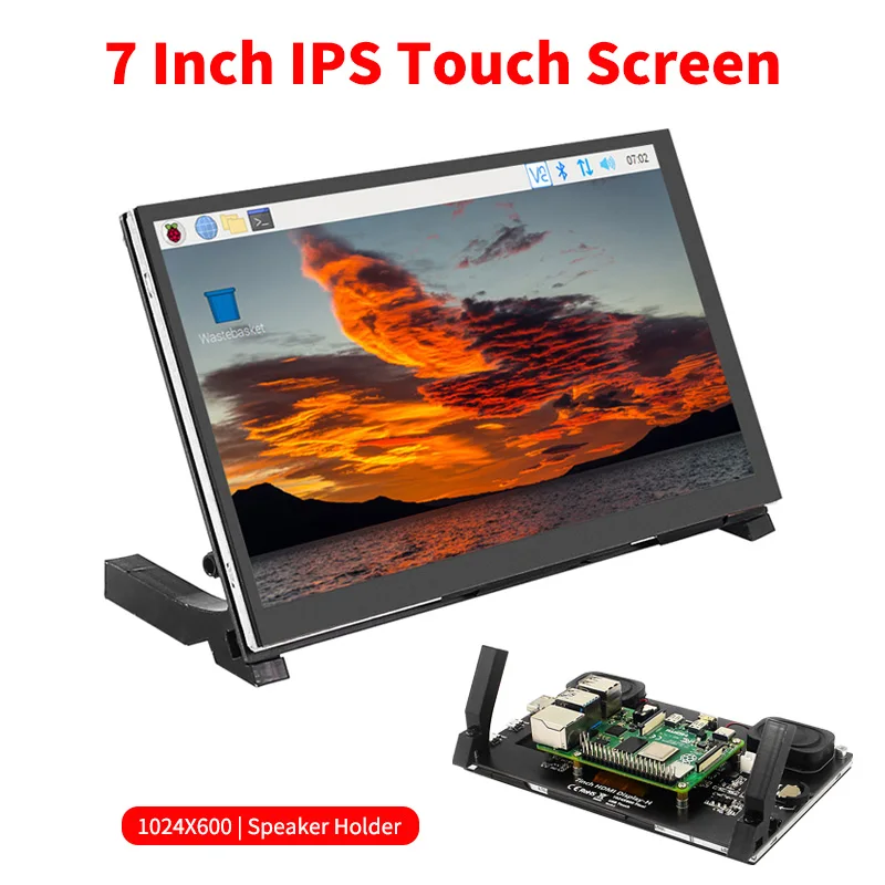 7 Inch IPS LCD Raspberry Pi 1024X600 Touch Screen with Speaker Holder for Raspberry Pi 4 Model B/3B+ /Jetson Nano/ PC/Laptop