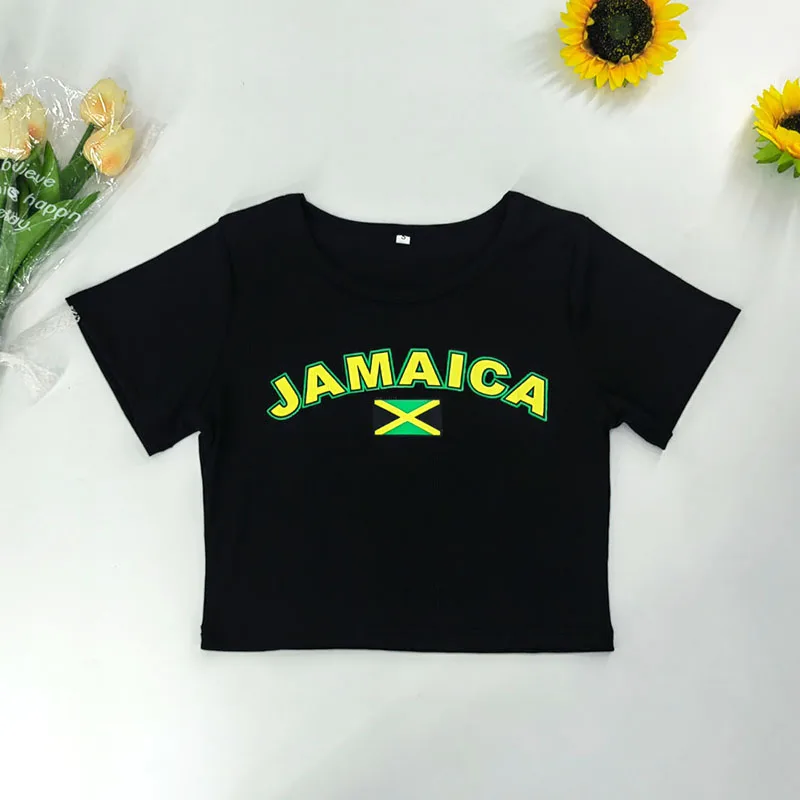 Summer New Black Y2K Hip Hop O Neck T-Shirt Women Sexy Crop Tops Soccer Jamaica Letter Print Short Sleeve Casual T Shirt Tops