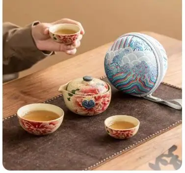 Hand Drawn Floral Ceramic Teaware Set Portable Travel Tea Set Outdoor Camping Kung Fu Tea Set 1 Pot 3 Cups Tea Brewing Utensils