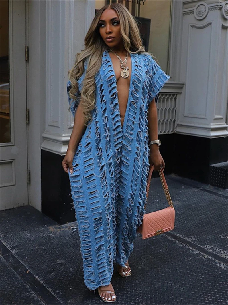 

Streetwear Ripped Denim Jumpsuits Summer Clothes Women 2026 Deep V-Neck Baggy Jeans Rompers Playsuits One Pieces Overalls Outfit