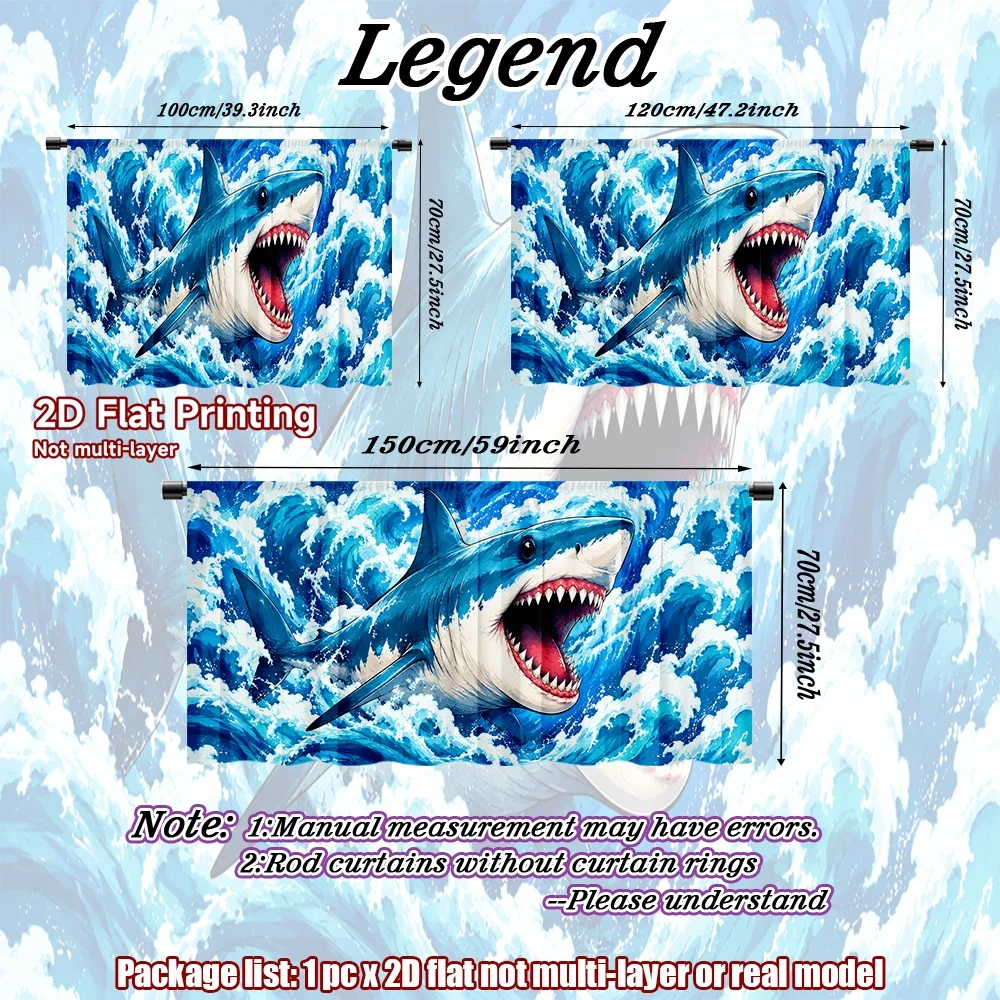 2D flat 1pc Bohemian style short curtains Shark in Ocean Waves Digital printing Minimalist partition curtains, cabinet curtains,