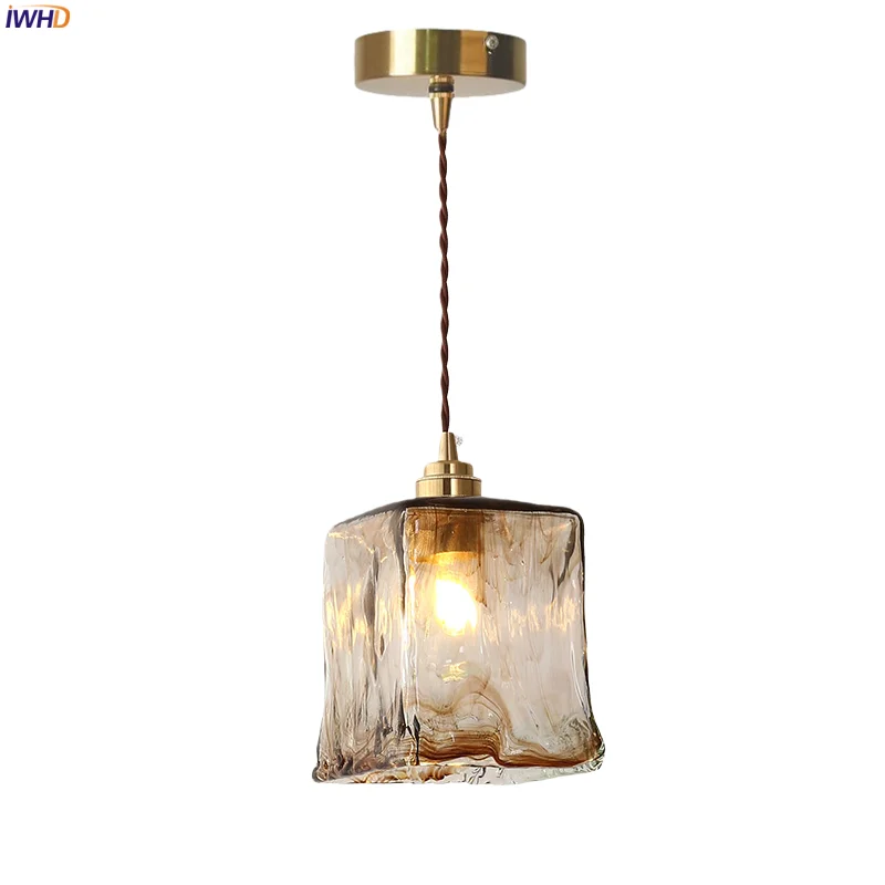 

IWHD Amber Glass LED Pendant Lights For Bedroom Kitchen Island Bathroom Home Lighting Brass Japan Vintage Hanging Lamp Luminaria