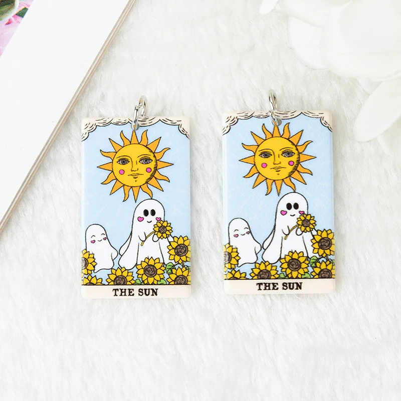 8Pcs Halloween Ghost Tarot Card Charms Acrylic Sun Moon And Star Pendant For Necklace DIY Making Accessories