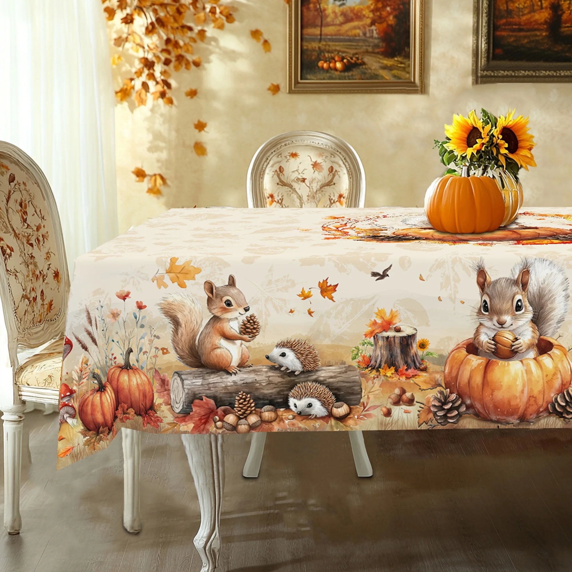 Tablecloth 1 piece, 2D flat. Autumn Thanksgiving theme tablecloth. Country farmhouse style. Squirrel. Pumpkin.zyc