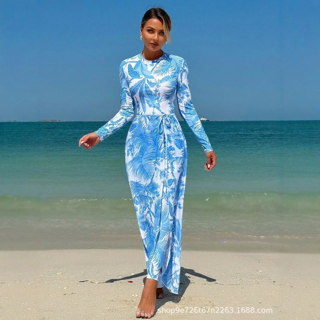 2025 女性の花柄サーフジャンプスーツセットラッシュガード & 痩身スイムスカートビーチカバーアップ 2 ピース水着ホリデー長袖夏