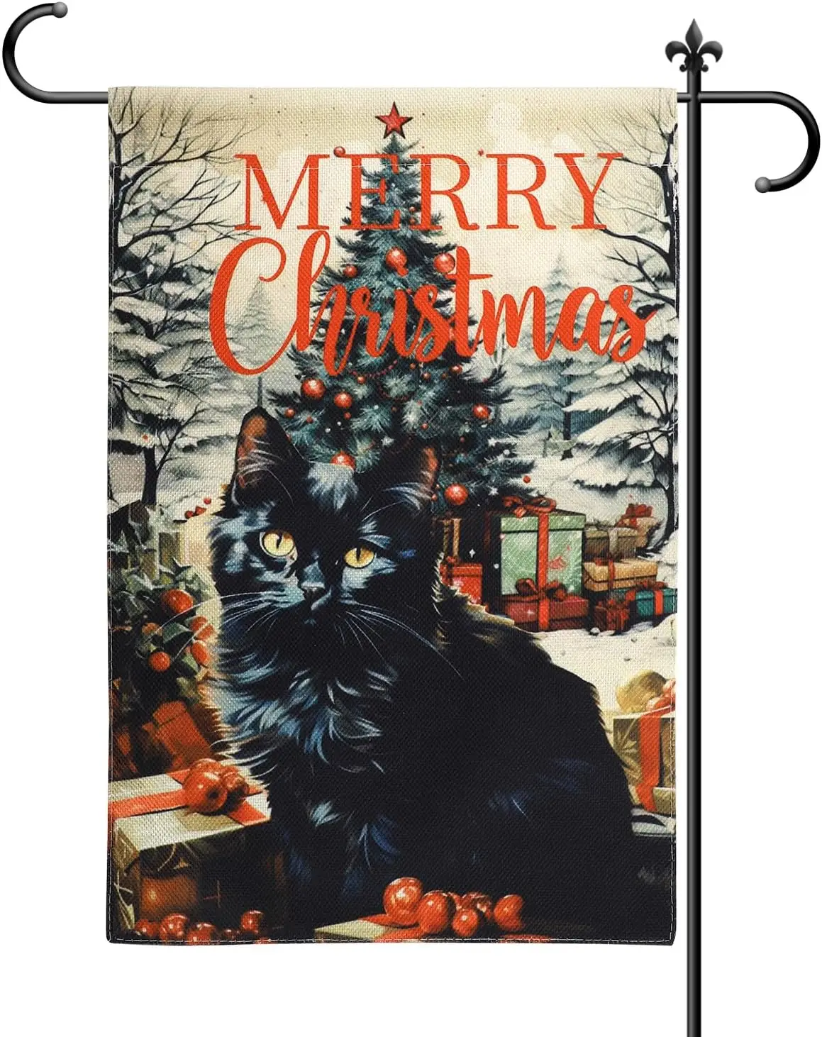 Merry Christmas Flag, 12x18 Inch Double-Sided Burlap Winter Garden Flag Black Cat Gift Box Decoration Ball Christmas Tree Yard F