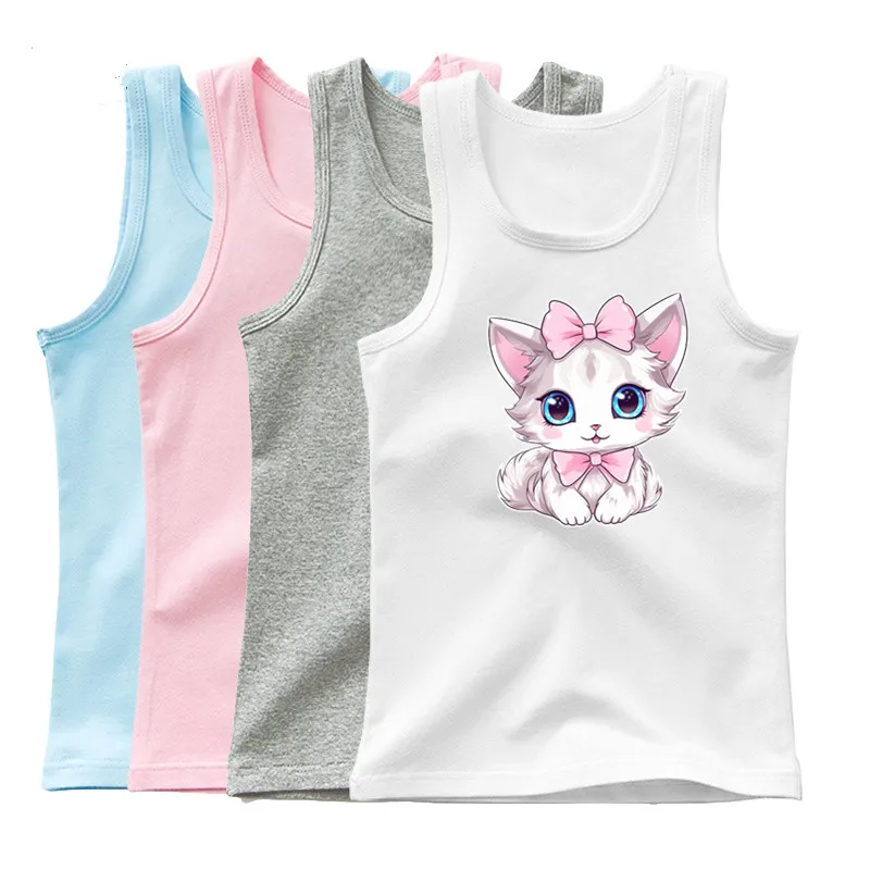 2024 Summer Girls Cute Cat Print Vest Princess Girl Fashion Tank Top Dziecięca koszulka bez rękawów 3-14 lat